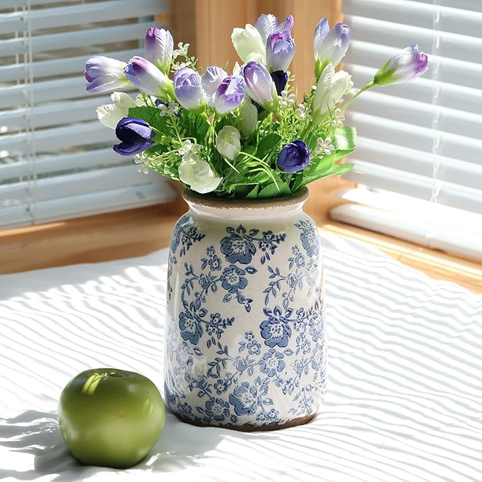 Ronasip Vintage Blue and White Chinoiserie Ceramic Vase, 6.9” Hand-Painted Peony Floral Design, Antique Style Vases for Home Decor, Centerpieces, Living Room, Balcony (Blue and White)
