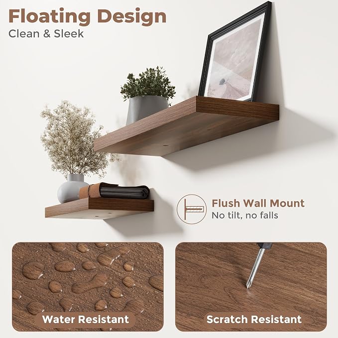 48 Inch Floating Shelves for Wall Set of 2, 8"D Wood Grain Bathroom Shelves with Invisible Brackets, Easy Install Engineered Wood Storage Shelves for Kitchen, Living Room, Bedroom, Walnut Finish