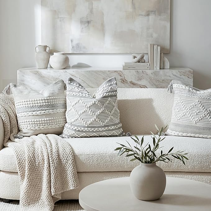 BlissBlush Gray White Decorative Throw Pillow Cover 22X22, Boho Accent Pillow for Couch, Square Modern Farmhouse Pillowcase for Living Room Couch Sofa Cushion Home Décor (Pack of 1)