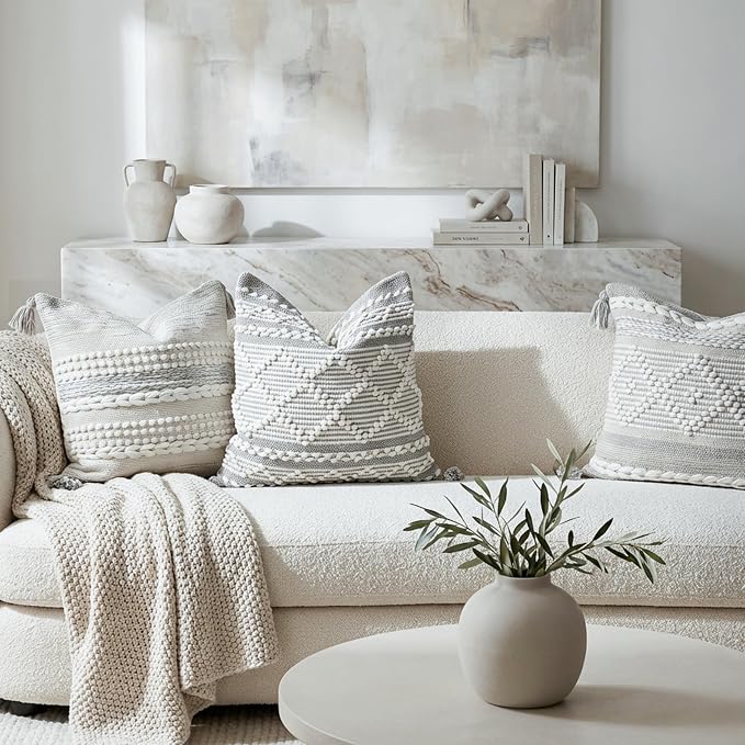 BlissBlush Gray White Decorative Throw Pillow Cover 20X20, Boho Accent Pillow for Couch, Square Modern Farmhouse Pillowcase for Living Room Couch Sofa Cushion Home Décor (Pack of 1)