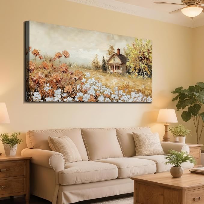 Acocifi Textuted Wildflowers Canvas Wall Art 40"x20" Vintage Landscape | warm yellow, farmhouse decoration, waterproof non-fading, ready to hang, artwork for living room bedroom home