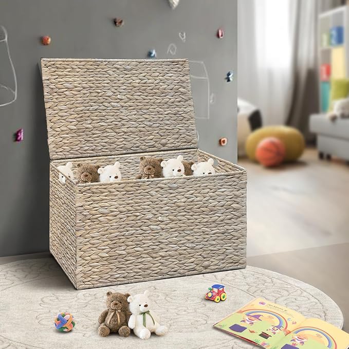 Water Hyacinth Storage Basket with Lid, 52.8 Gallon (200L), White | Large Blanket Storage Basket with Handles, Woven Storage Bin, Foldable, Metal Frame, for Bedroom, Laundry Room, Living Room