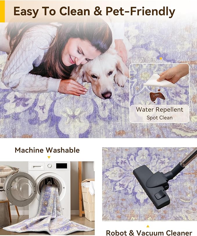 RELEANY Area Rugs 6'x9' Washable Non-Slip, Floral Vintage Distress Print Pattern Medallion Carpet for Living Room Bedroom Dining Room, Light Purple Brown
