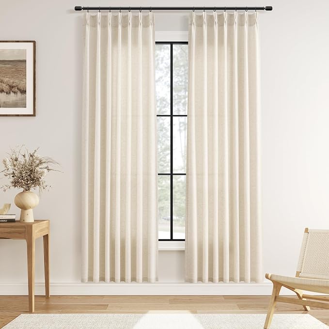Guken Pinch Pleated Linen Curtains 80 Inches Long 2 Panels Set for Living Room Bedroom Natural Cream Farmhouse Modern Light Filtering Semi Sheer Pleat Drapes Back Tab Window Privacy Beige Ivory 40x80