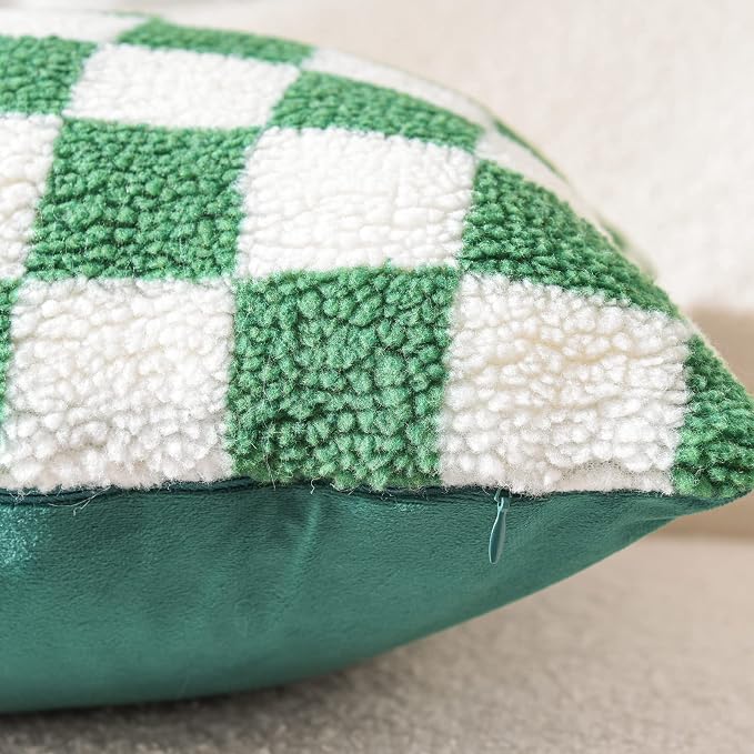 WACOMECO Decorative Throw Pillow Covers - Soft Sherpa Checkerboard Cushion Covers Faux Fur Pillow Cases for Sofa Bedroom Livingroom Car, 18 x 18 in, Dark Green and Off White