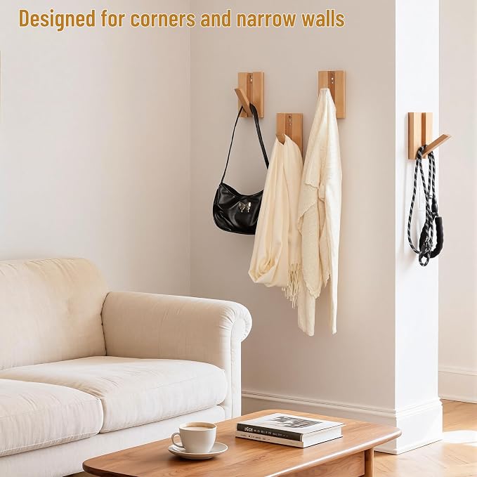 Wall Hooks for Small Space: Foldable Natural Wooden Coat Hooks 4Pack for Limited Spaces Closet Corner Bathroom- Modern Minimalist Decor Hanger for Hanging Towels Backpack Bags Jackets