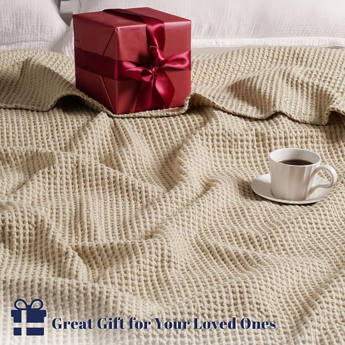 PHF Pre-Washed 100% Cotton Waffle Weave Blanket King Size for Bed,Snag Proof Throw Blanket for Couch Spring Summer Lightweight Breathable,Machine Washable, Home Decor Gift - Khaki/Simply Taupe