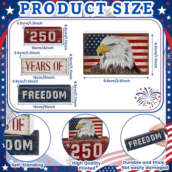 4 Pcs 250th Anniversary 4th of July Decorations USA Patriotic Memorial Day Tabletop Decorations Eagle Red White Blue Table Centerpieces American Flag Sign for Office Tiered Tray Home Shelf Party