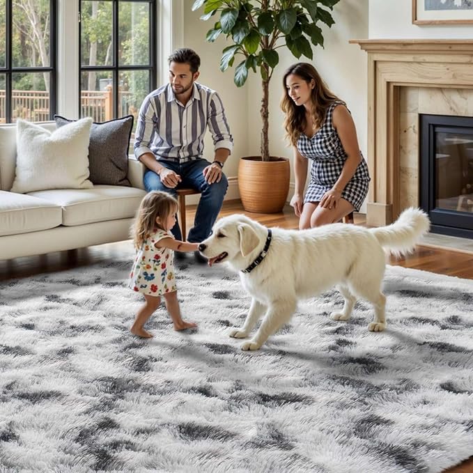 FinRèc 9x12 Rugs for Living Room Bedroom, Black and White Fluffy Shaggy Area Rug, Non-Slip Soft Shag Rug for Nursery Kids Room Dorm Room Home Decor, Indoor Plush Floor Carpet
