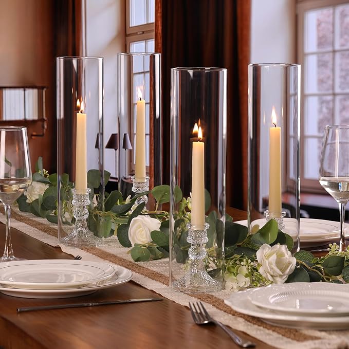 6 Set Hurricane Glass Candle Holders for Taper Candles, Candlestick Holders with Windproof Glass Tubes 13.4" H, Taper Candle Holders for Wedding, Dinner Table Centerpieces, Festival and Party Decor