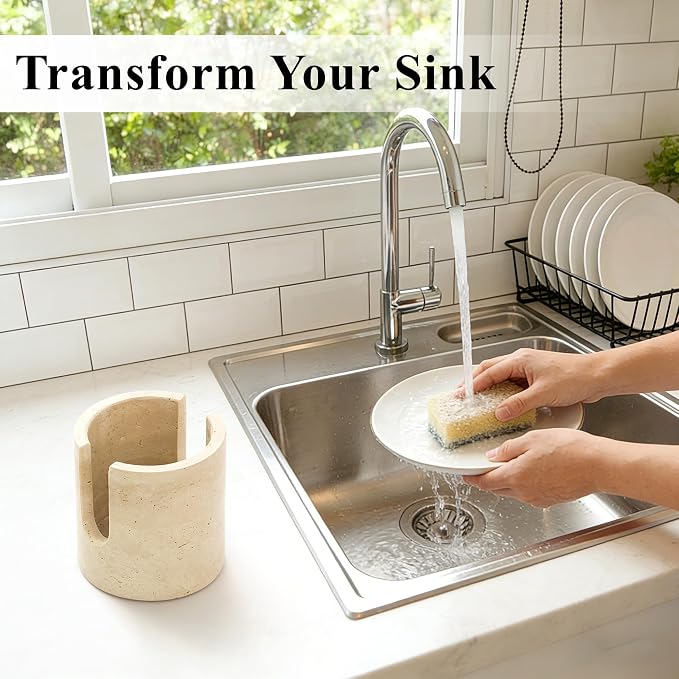 Natural Marble Sponge Holder, Sink Caddy for Kitchen Counter, Marble Decor Dish Sponge Holder with Anti-Slip Pad for Kitchen Sink Countertop, Fast Drying Rack, Sponge Caddy - Travertine