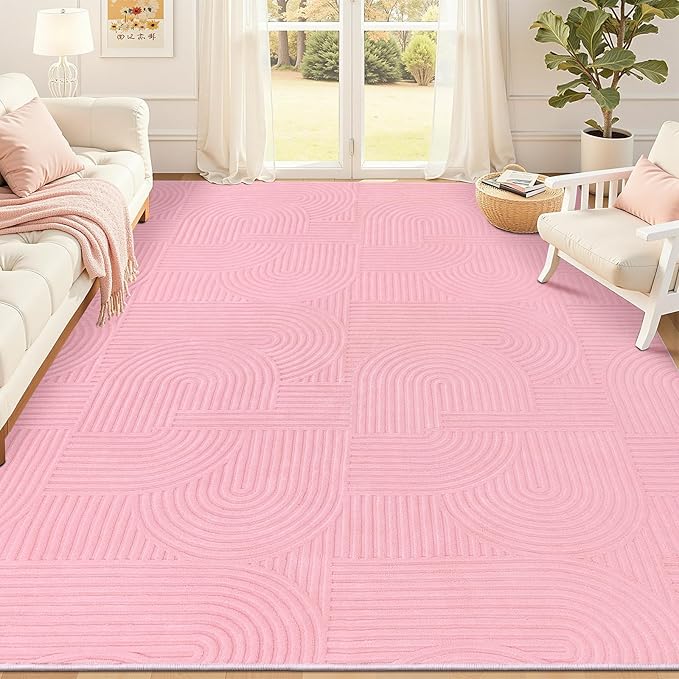 Pauwer Pink Area Rug for Girls Bedroom 8x10 Soft Fluffy Non Slip Machine Washable Rugs Arch Modern Indoor Mat Fuzzy Floor Carpet for Kids Nursery Living Room Dorm Playroom Dining Baby Home Decor