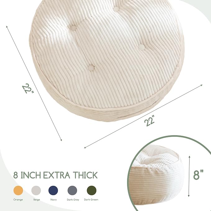 HIGOGOGO 8" Extra Thick Floor Pillow Cushion for Adults, Meditation Cushion Pillow, Large Round Floor Sitting, Tufted Corduroy Cover, for Tatami Living Room or Yoga, 22x22 Inch, 2Pack, Beige