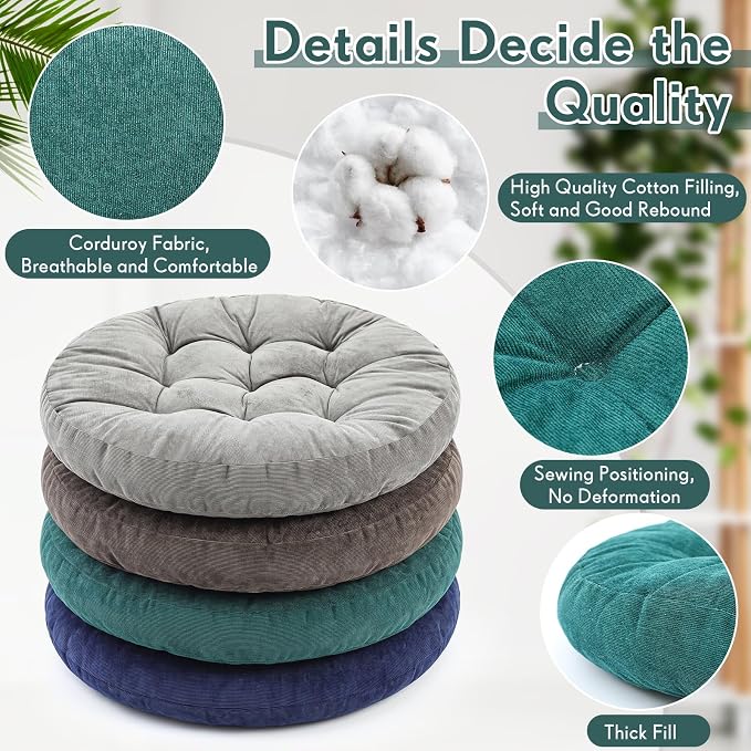 Jerify 4 Pcs Floor Pillow Cushions Large Round Square Large Meditation Floor Pillow for Classroom Adult Meditation Picnic Party Seating Learning Daycare School (Round,Dark Green)