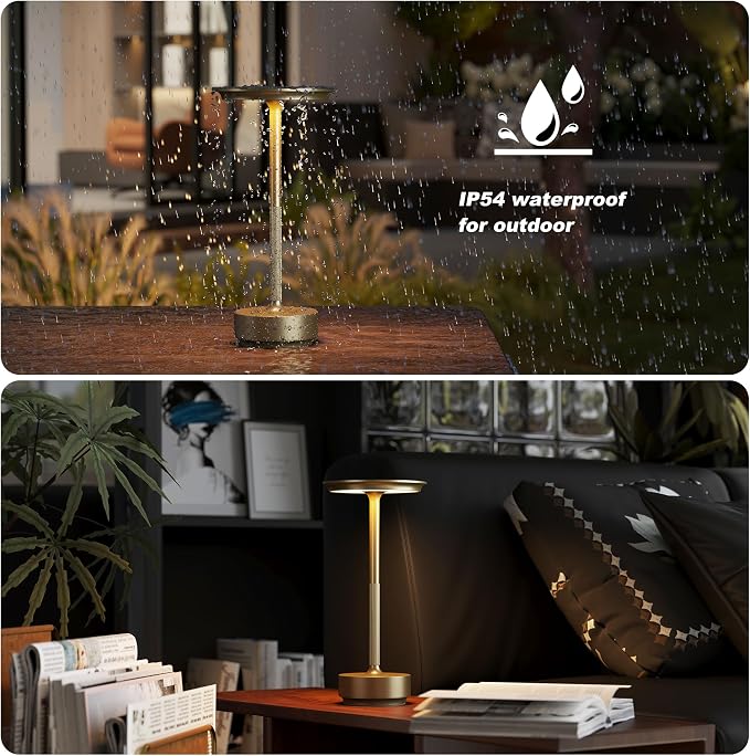 TBBGA 1 Pack Cordless Table Lamps Rechargeable, Portable 5000mAh Battery Operated Lamp, 3 Color Stepless Dimming LED Table Light with Memory Function, for Outdoor/Dinner/Patio/Restaurant.(Gold)
