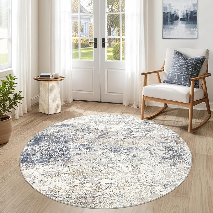 DMOYEST 5ft Round Area Rug Living Room Rugs - 5x5 Washable Large Soft Indoor Neutral Modern Abstract Low Pile Rug Carpet for Bedroom Dining Room Farmhouse Home Office - Beige Blue