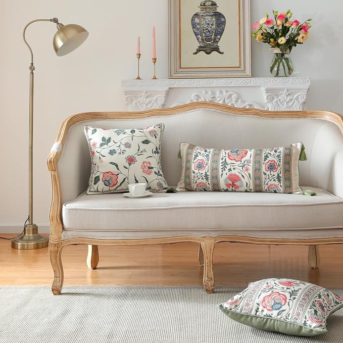 ISAENNE French Linen Rectangle Throw Pillow Cover,Set of 2,20"x12"-Daffy B | Designer French Elegant Pillow Cover,Concealed Zipper Design,Floral Pattern,Sofa,Bedroom,Living Room,Lounge Chairs