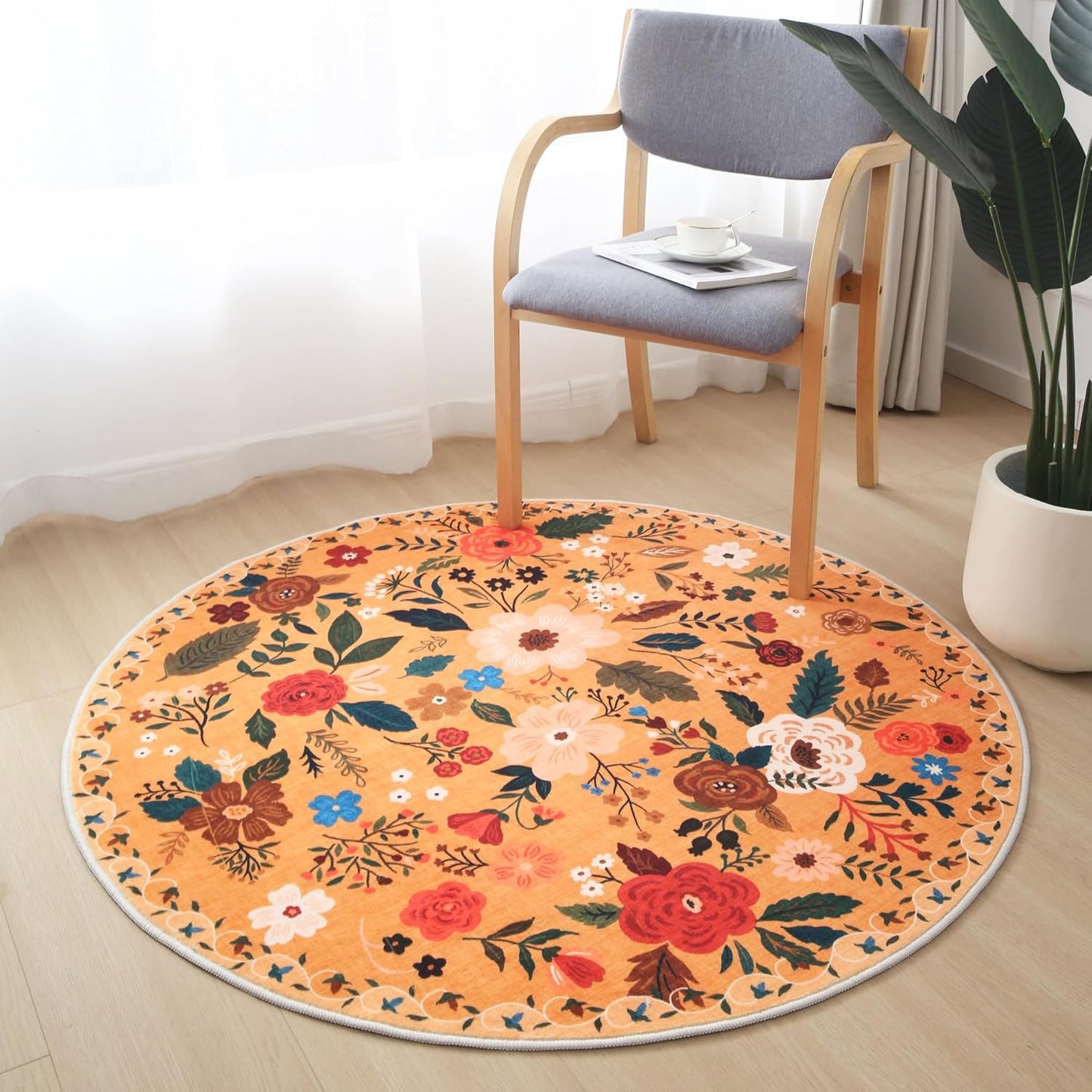 Round Rug 4ft Washable Circle Rug Non Slip Low Pile Boho Floral Small Circular Rug for Bedroom, Bathroom, Entryway, Kids Room, Office, College Dorm(Yellow)