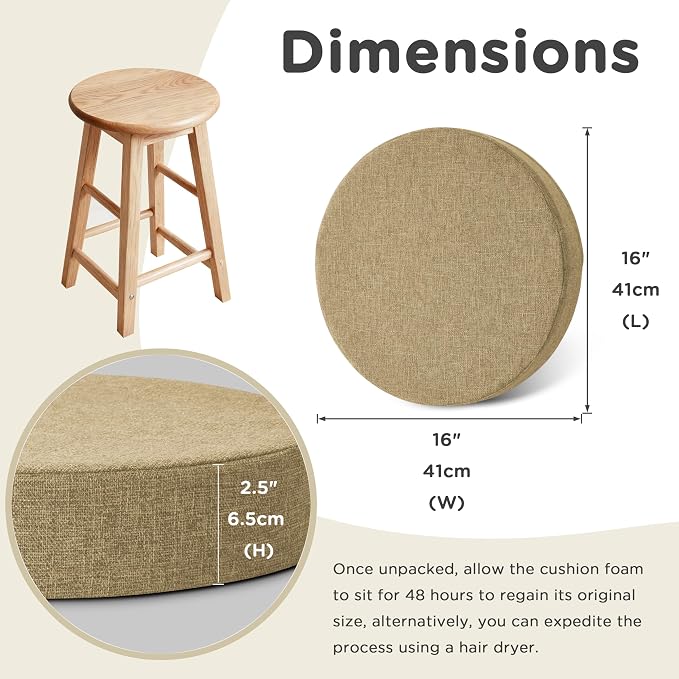 AddGrace 2.5" Thick Non Slip Round Chair Pad 1 Pack, 16", Beige | Machine-Washable Cover, Non-Slip, for Kitchen, Dining Room, Office, Floor, Bistro Cafe, for 16" Ottoman, 16" Round Stool