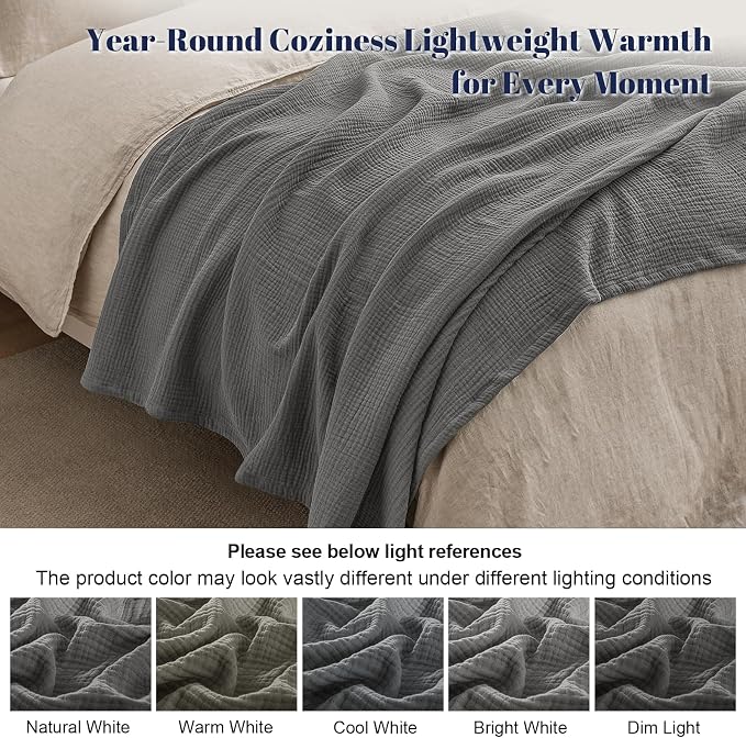 PHF 100% Cotton Muslin Blanket Twin XL Size 66"x90", 4-Layer Lightweight Gauze Throw, Breathable Cloud-Soft Minimalist Blanket for Bed, Couch, Camping & Baby, Greyish Black, Ideal Gift