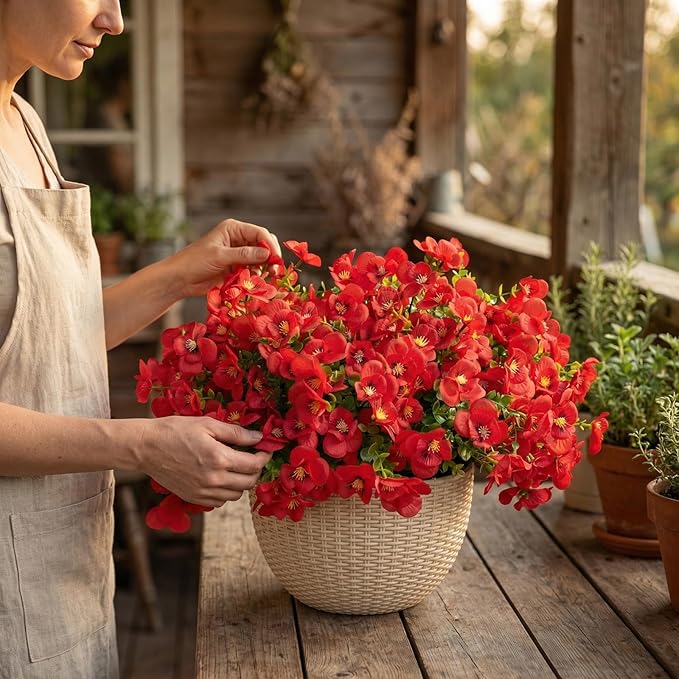 trytuny Artificial Flowers for Outdoor, Realistic Faux Plants for Outside Indoor Porch Patio Window Box Planter Home Decor (12pcs -red)