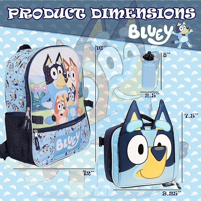 AI ACCESSORY INNOVATIONS Bluey 4 Piece Backpack Set for Pre School Girls & Boys, Kids 16" School Bag