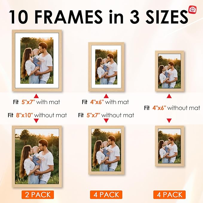 FIXSMITH 10 Pack Natural Picture Frames Collage Wall Decor for Mounting or Tabletop Display, Gallery Wall Frame Set with Two 8x10 Natural Frames, Four 5x7 and Four 4x6 Frames, Multi-Pack Photo Frame Set