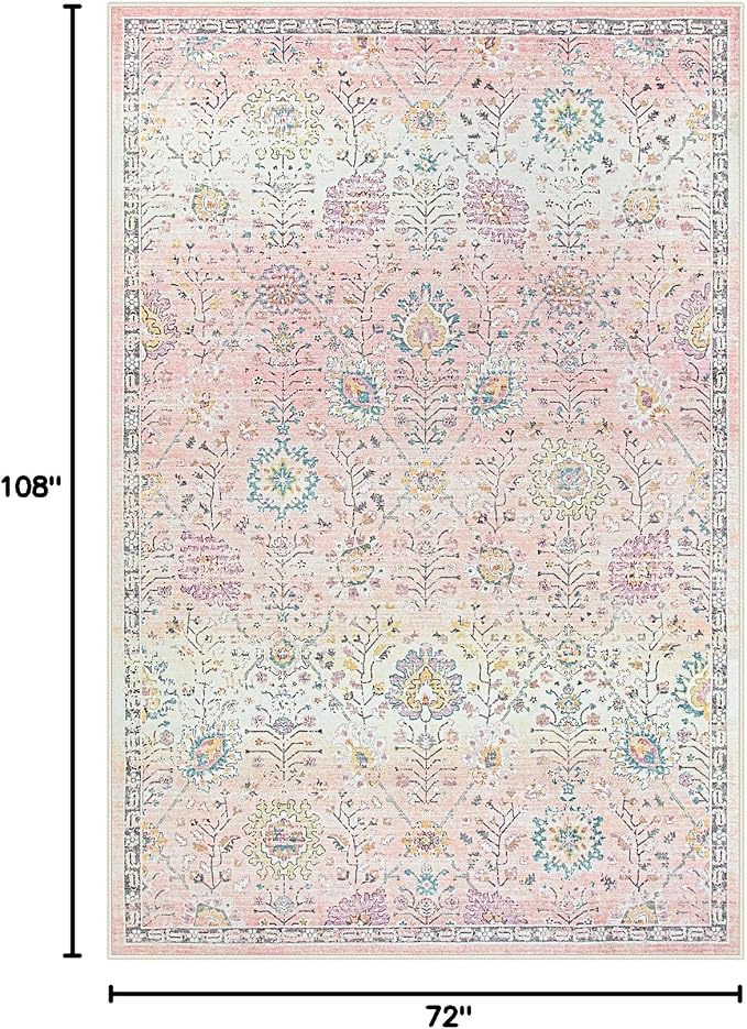 Lahome Girls Bedroom Pink Rug 6x9, Soft Washable Floral Area Rug, Non Slip Light Pink Carpet for Dorm Room, Playroom, Kids Room, Nursery and Classroom Decor
