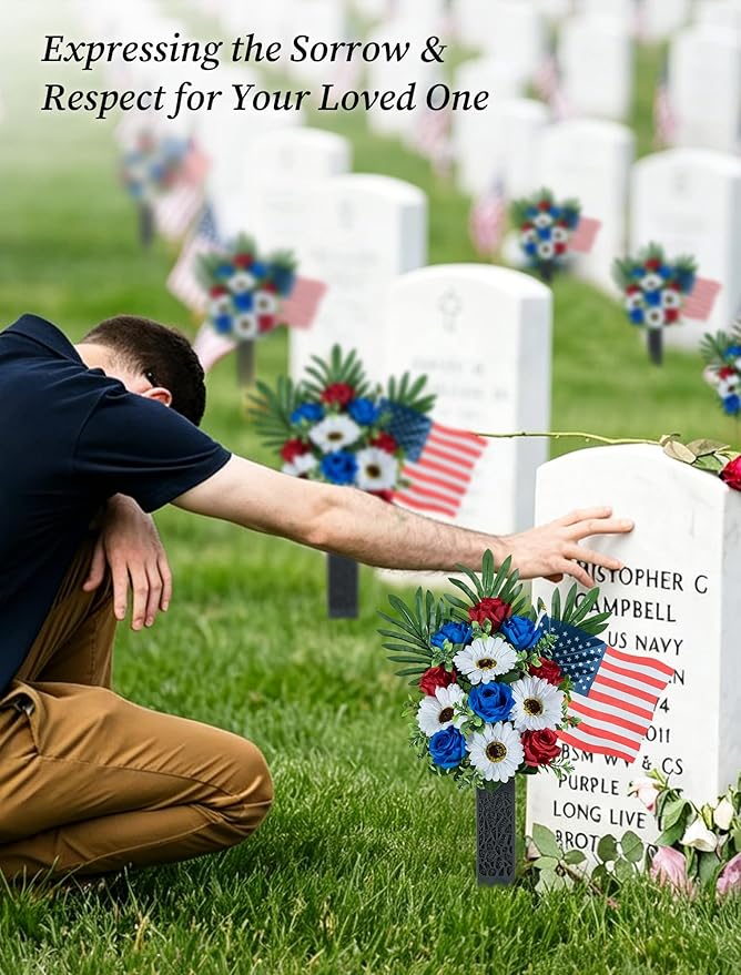 Memorial Day Flowers for Cemetery: 2 Pcs Outdoor Grave 250th Anniversary USA Decorations - Artificial Patriotic Cemetery Flowers for Grave - Red White Blue Roses with American Flags Vase