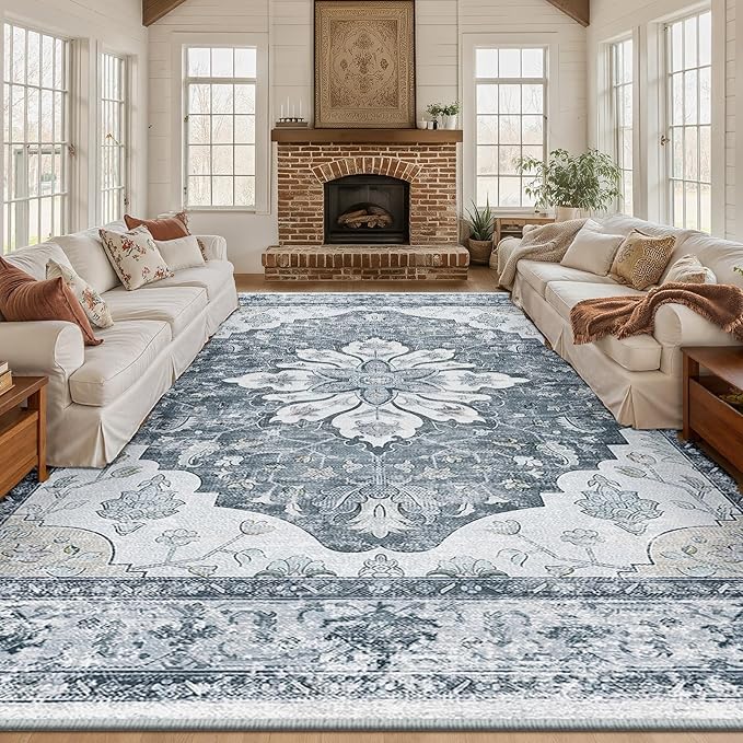 RELEANY Area Rugs 10'x14' Washable Non-Slip, Floral Vintage Distress Print Pattern Medallion Carpet for Living Room Bedroom Dining Room, Light Gray Grey White