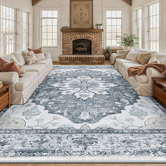 RELEANY Area Rugs 10'x14' Washable Non-Slip, Floral Vintage Distress Print Pattern Medallion Carpet for Living Room Bedroom Dining Room, Light Gray Grey White
