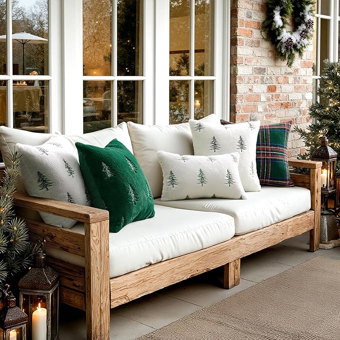 MIULEE Christmas Decorative Pillow Covers Set of 2 Faux Fur Throw Pillows with Embroidered Christmas Tree 18x18 Inch White Black Winter Couch Covers for Festival Sofa Bedroom Living Room Home Decor