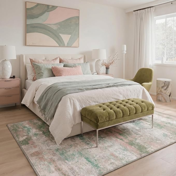 BEIMO 2X6 Runner Rug for Hallway Kitchen, Machine Washable Runners Rug for Entryway, Soft Modern Abstract Throw Rugs, Low Pile Floor Cover with Non Slip Backing, Light Pink Green