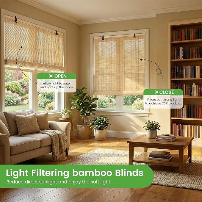 Bamboo Blinds, Easy to Install Bamboo Shades for Indoor Windows, Custom Sizes Roller Shades for Indoor Windows, Roll Up Blinds Indoor Outdoor Patio