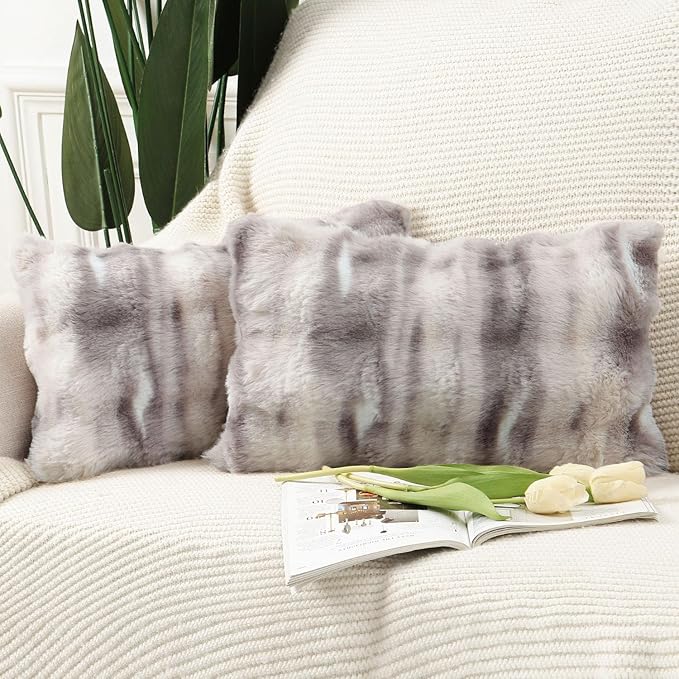 MADIZZ Pack of 2 Thick Plush Faux Wool Throw Pillow Covers Soft Boho Throw Pillows Luxurious Cushion Covers for Couch Sofa Bedroom Living Room Home Decor 12x20 Inch Grey Taupe