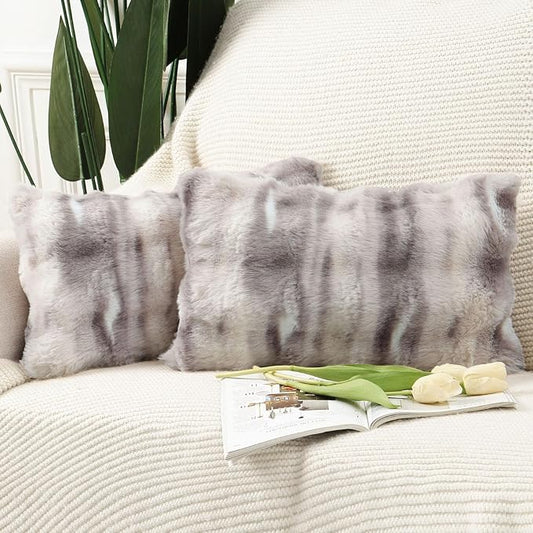 MADIZZ Pack of 2 Thick Plush Faux Wool Throw Pillow Covers Soft Boho Throw Pillows Luxurious Cushion Covers for Couch Sofa Bedroom Living Room Home Decor 12x20 Inch Grey Taupe
