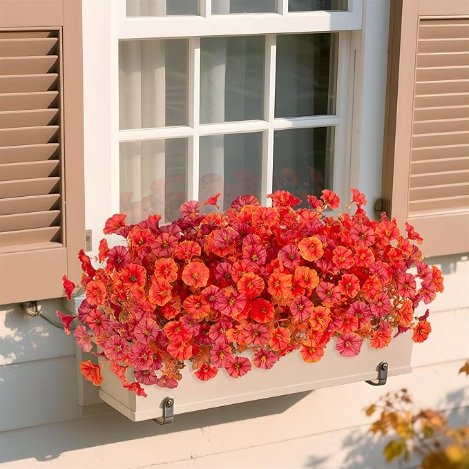 Hrobek Fall Artificial Flowers for Decoration, 12 Bundles Fake Mums Autumn Flower Plants Petunias, Faux Silk Morning Glory Eucalyptus for Planter Garden Porch Front Door Window Box, Orange Red