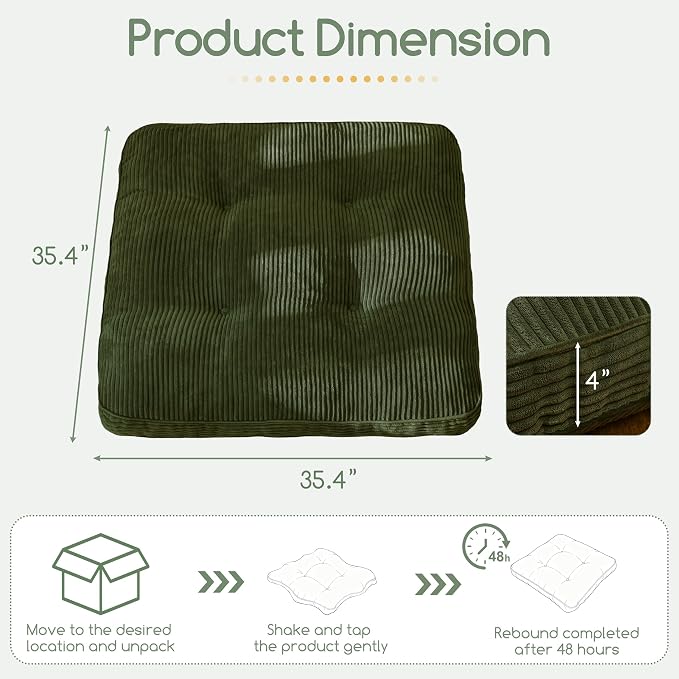 HIGOGOGO 35" Floor Pillow Cushion for Adults, Meditation Cushion Pillow, Extra Large Square Floor Sitting, Tufted Corduroy Cover for Tatami Living Room or Yoga, Dark Green