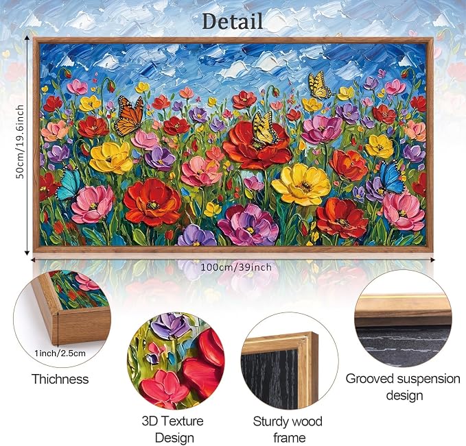 CHDITB 3D Floral Impasto Textured Poppy Framed Canvas Wall Art Set, Butterfly Wildflower Country Vibrant Spring Wall Decor, Bright Botanical Flower Art Prints for Bedroom Farmhouse Living Room 40"x20"