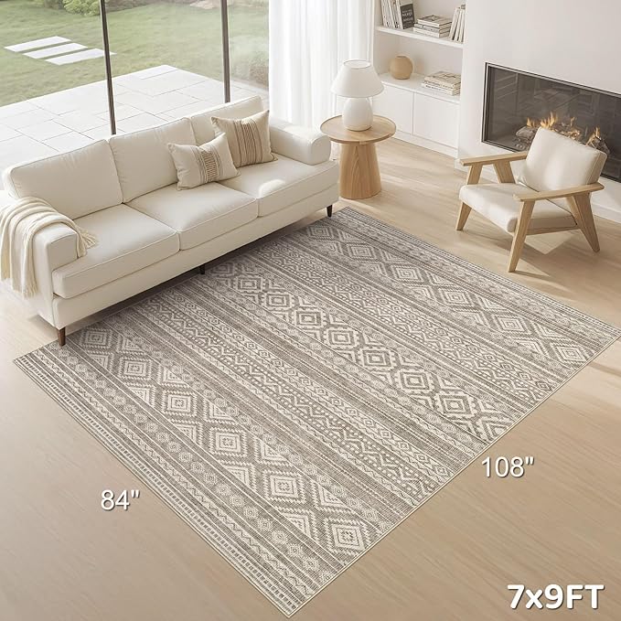 cotiled 7x9 Area Rug Living Room: Washable Boho Rugs with Non Slip Backing Large Soft Indoor Stain Resistant Carpet for Bedroom Farmhouse Dining Room Lightweight Home Decor Coffee Brown