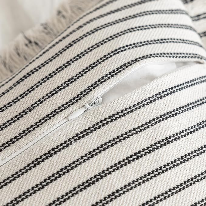 YEENAASY Throw Pillow Covers 16x16 Set of 2 Striped Fringe Pillow Cover Farmhouse Cushion Covers with Tassel Neutral Boho Pillows Decorative Square Pillowcase for Couch Sofa Bed, Black