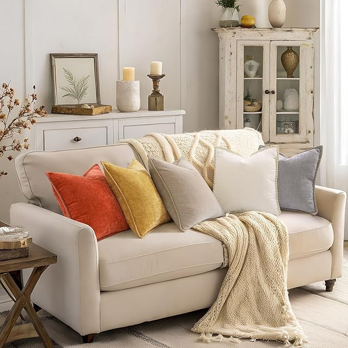 decorUhome Summer Chenille Soft Cozy Throw Pillow Covers 20x20 Set of 2, Modern Farmhouse Boho Velvet Decorative Pillow Cases with Stitched Edge for Couch Sofa Bed Home Decor, Mineral Yellow