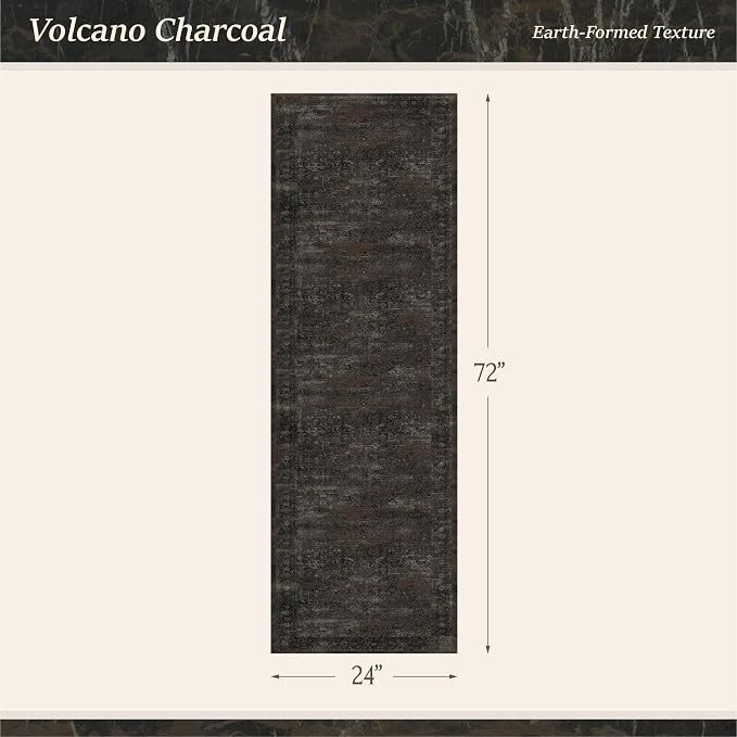Black Kitchen Runner Rug 2x6 Washable Non Slip, Volcanic Charcoal Stain Resistant Low Pile Rug with Lava Red Accents for Hallway Entryway Bathroom Laundry Room