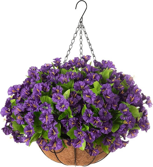 Ammyoo Artificial Hanging Flower Plants with Basket for Spring Summer Outdoor Decoration, Faux Petunias Flowers Fake Morning Glories Planter for Outside Patio Garden Porch Balcony Yard Decor(Purple)