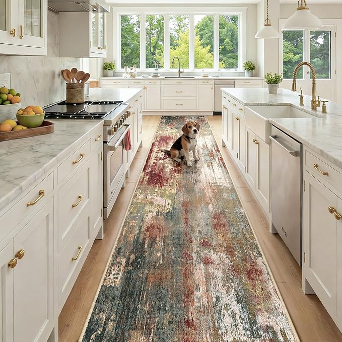 RELEANY Washable Area Rugs 2'6'' x14 Non-Slip Modern Abstract Soft for Living Room Entryway Bedroom Nursery, Print Pattern, Brown Rust Red Green Blue Multi