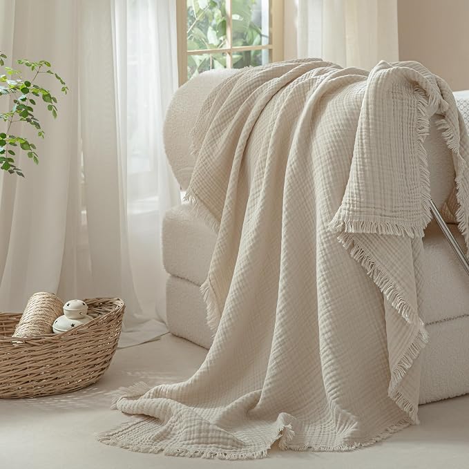 Muslin Fringe Blankets for Adults: 100% Cotton Cloud Soft | 4-Layer Gauze Breathable Lightweight All Season Throw Blanket for Bed Couch Sofa Office
