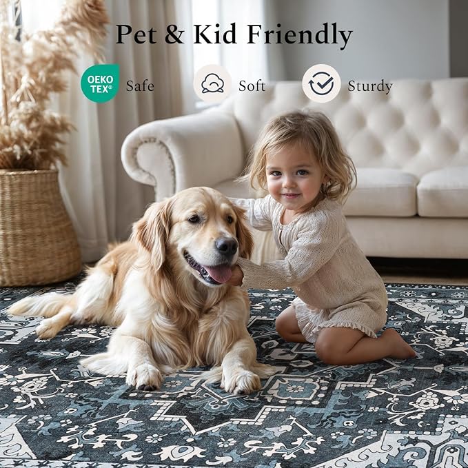 Rugflix 4x6 Area Rugs Machine Washable, Dark Navy Blue Carpet for Living Room, Oriental Indoor Area Rug Low Pile, Large Soft Thick Carpets Non Slip, Farmhouse Vintage Rug for Bedroom Dining Room