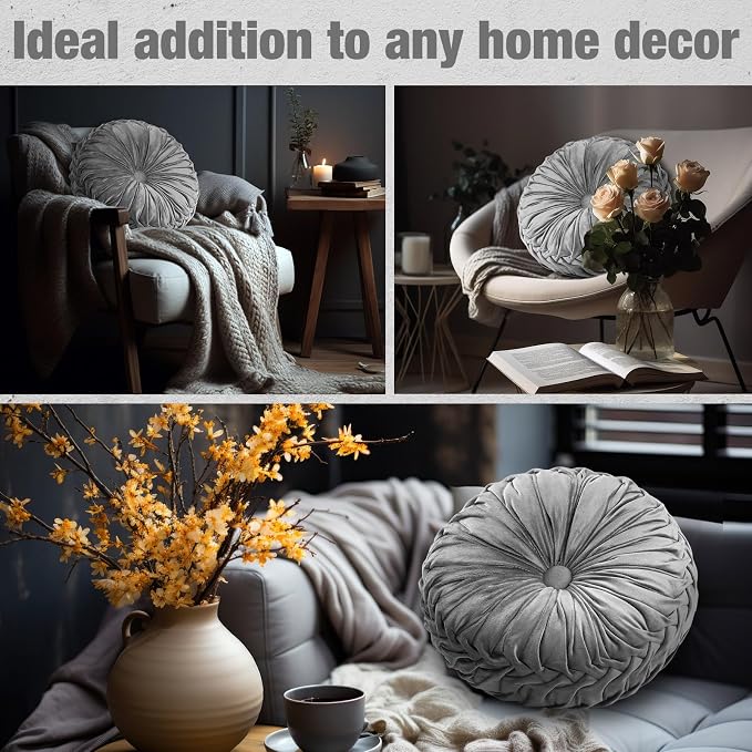 Beeveer 2 Pcs Round Throw Pillows 15 Inch Decorative Velvet Pleated Pumpkin Pillows Boho Floor Pillow with Center Button for Living Room Couch Chair Bed Sofa Home Decoration (Gray)