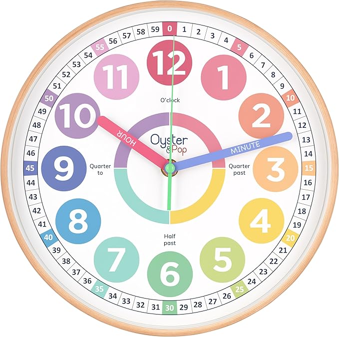 Oyster&Pop Pastel Kids Learning Clock – Award-Winning 10" Silent Non-Ticking Analog Wall Clock for Classroom & Kids Bedroom – Cute Colorful Decor & Educational Tool – Includes Teaching Time E-Book