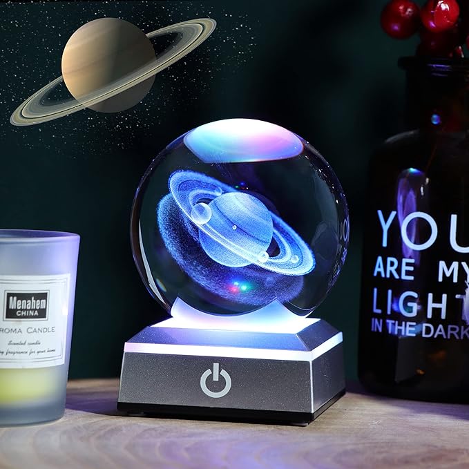 Ornalrist 3D Saturn Crystal Ball, Outer Space Planet Lamp with Silver LED Base, Glass Sphere Miniatures Saturn Lamp Astronomy Physics Science Gifts for Women, Men, Kid Home Decor (3.15 inch)